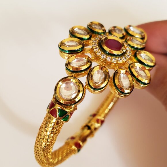 NWOT Statement Bracelet Elegant Kundan Enamel CZ Floral Design Hinged Bangle - Picture 5 of 13